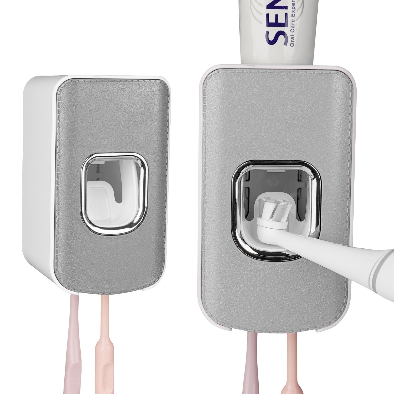 2 Slot Toothbrush Holder and Toothpaste Dispenser Wall Mounted, Automatic Toothpaste Squeezer