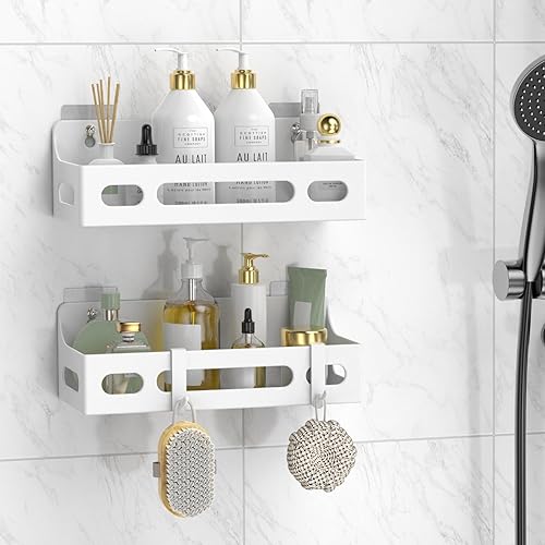 Miniatura 7 de Organizador de ducha adhesivo, sin taladro, organizador de ducha de baño, con ganchos extraíbles, estantes de ducha a prueba de óxido, organización