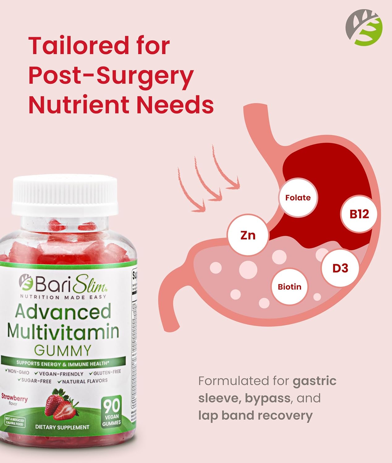 BariSlim Advanced Bariatric Multivitamin Gummies - Specially Formulated Bariatric Vitamins for Patients After Weight Loss Surgery - Supports Energy & Immune Health | Strawberry (90 Vegan Gummies) - Image 3