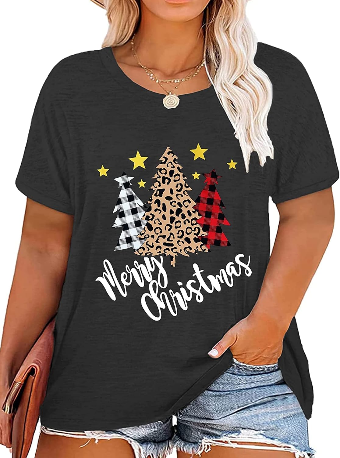 Plus-Size Christmas Shirts Women Merry Christmas Leopard Plaid Tree Print Shirt Holiday Tops Xmas Tee