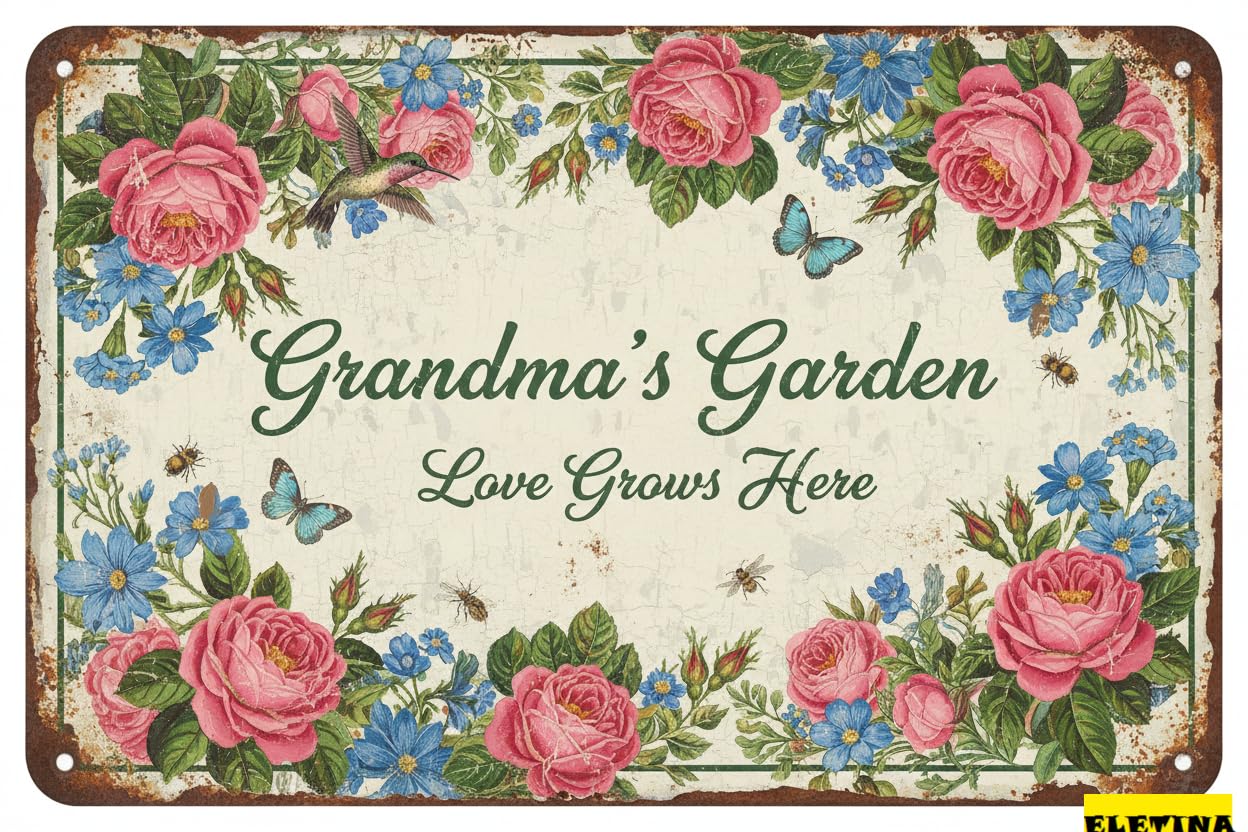 Vintage Metal Tin Sign Grandma's Garden Love Grows Here Aluminum - 8x12 Inch Floral Decor, Grandma Gift Waterproof Plaque