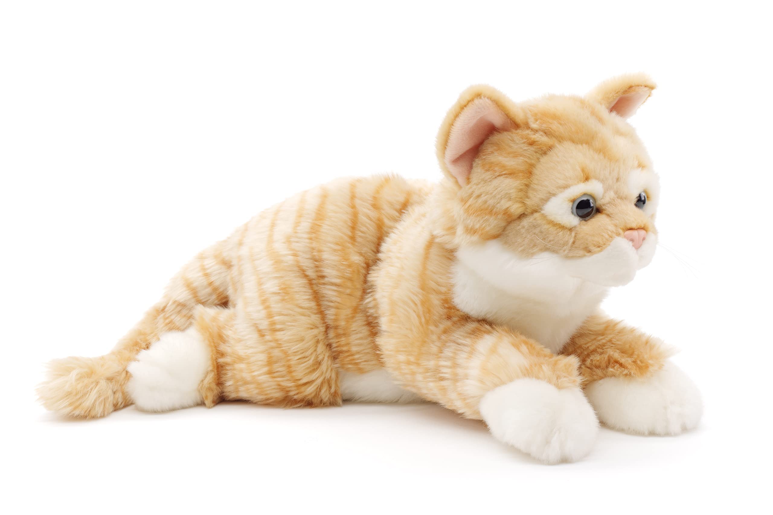 Uni-Toys - Chat à Fourrure tigrée (Rouge-Marron), couché - 38 cm (Longueur) - Chaton en Peluche - Doudou