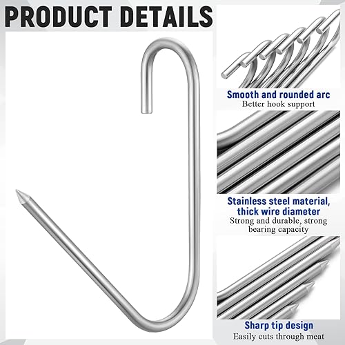 Miniatura 3 de 6 ganchos para carne de acero inoxidable para ahumar, secar, carnicería, barbacoa, parrilla, carne seca