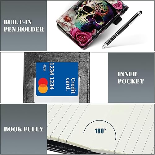 Miniatura 5 de Juego de 4 mini bloc de notas de bolsillo, diseño de calavera de azúcar rosa rosa de piel sintética, soporte para notas con 2 ranuras para tarjetas,