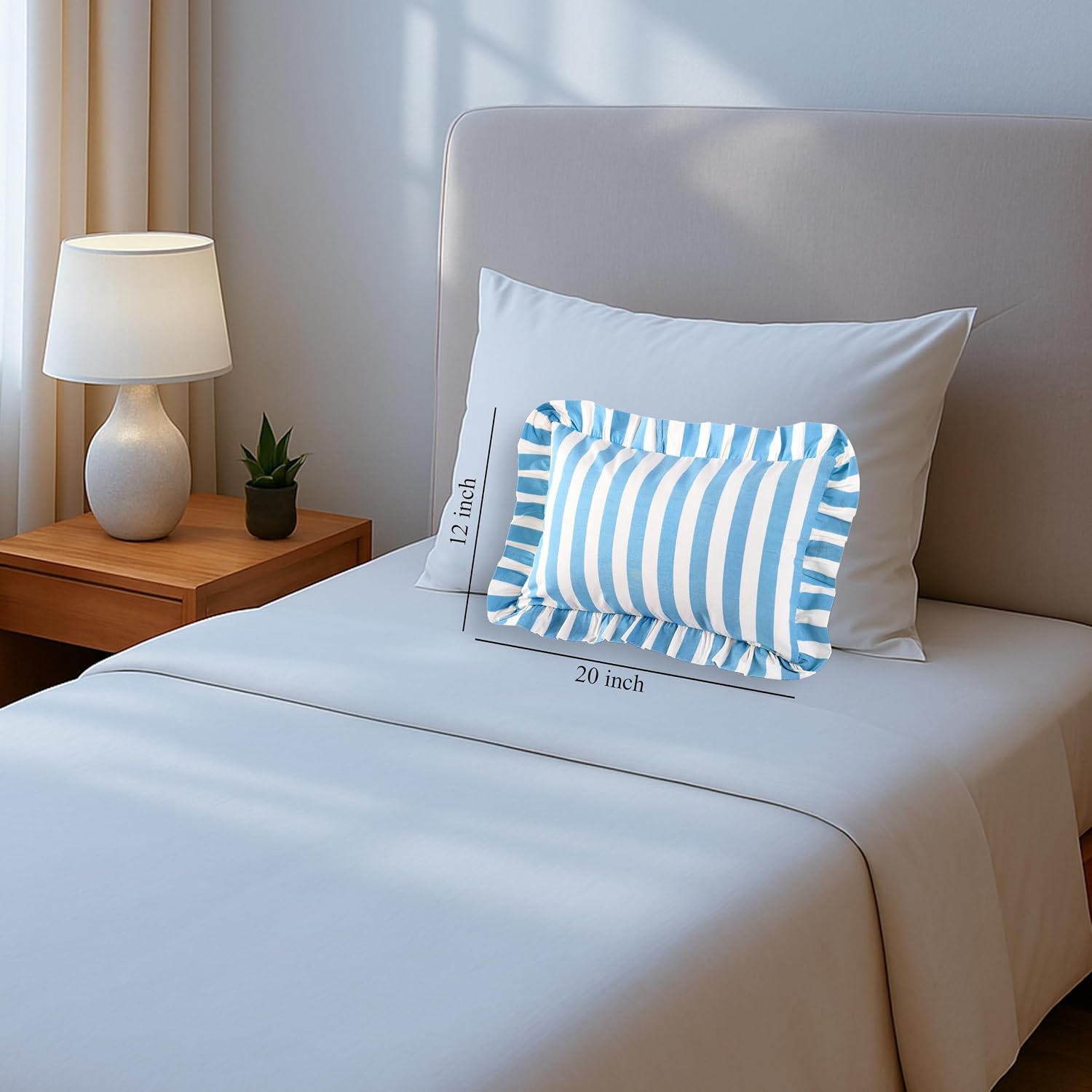 CPC Blue Striped Hand Block Print Cotton Ruffle Decorative Sham Covers with Hidden Zipper 20" x 12" Set of 1 Home Decor Pillowcases for Bed,Sofa, Couch, Living Room Gift Spring, Mother's Day