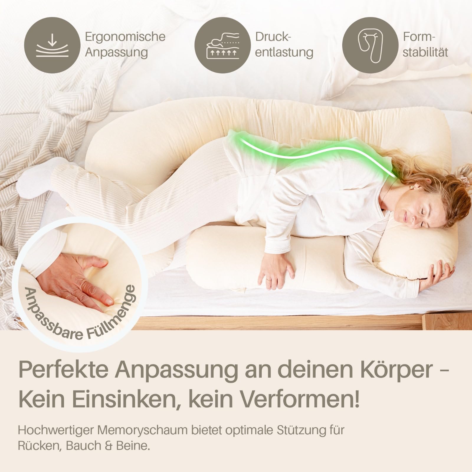 Seitenschläferkissen XL, Schwangerschaftskissen, Stillkissen, Memory Foam Füllung, Kissenbezug 100% Baumwolle, Kuschelkissen, Lagerungskissen, Viskosebezug, Pregnancy Pillow, beige
