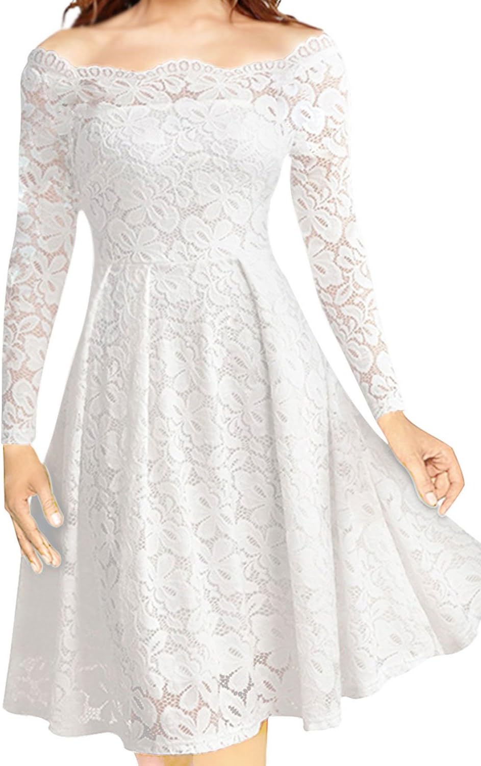 LITTLEPIG Women's Vintage Floral Lace Long Sleeve Boat Neck Cocktail Formal Swing Dress (XXXL, White)