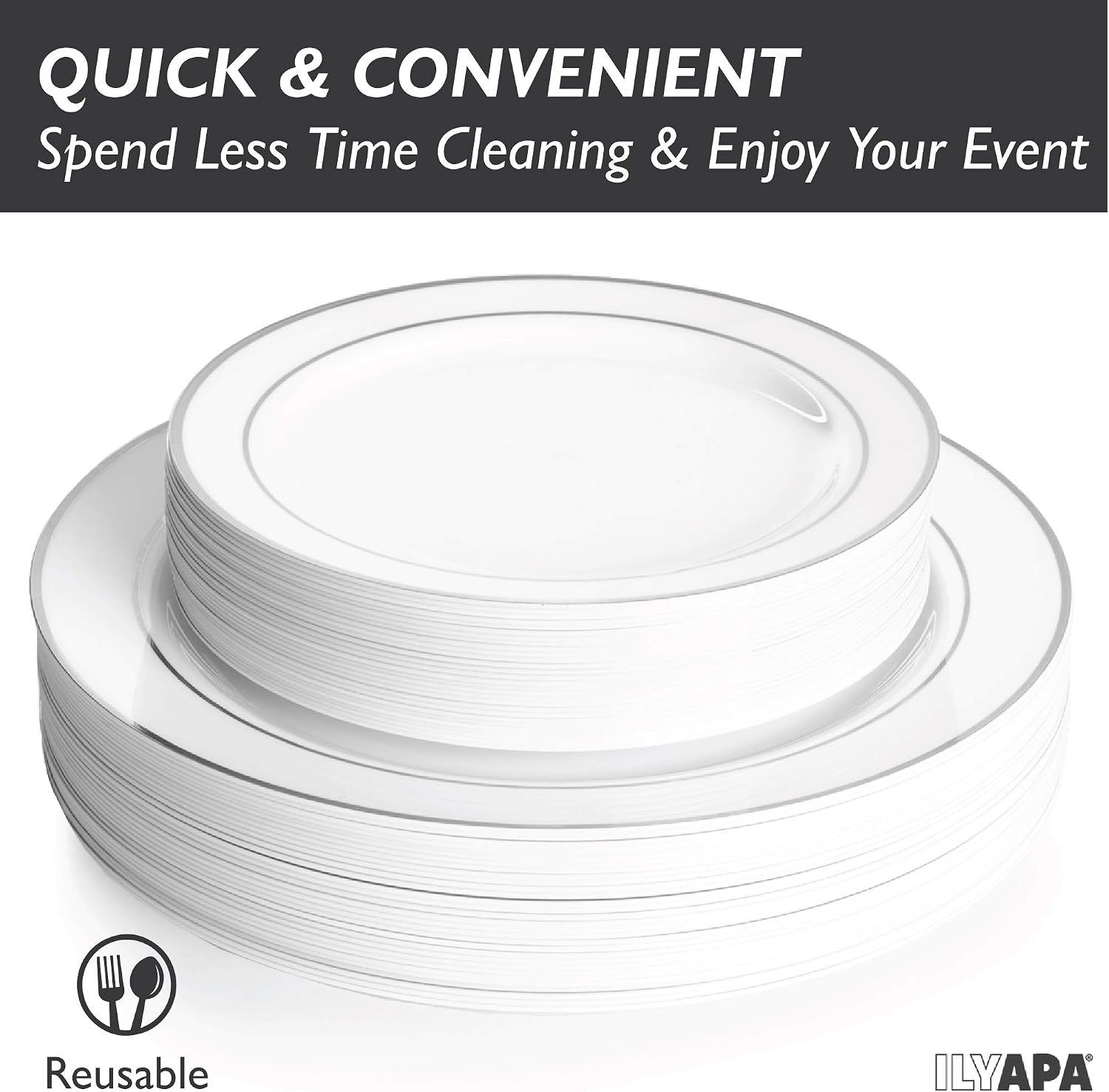 Ilyapa 60 Silver Rim Plastic Plates Set - Bulk White Silver Rimmed Dinner & Salad Disposable Plates for Wedding or Party