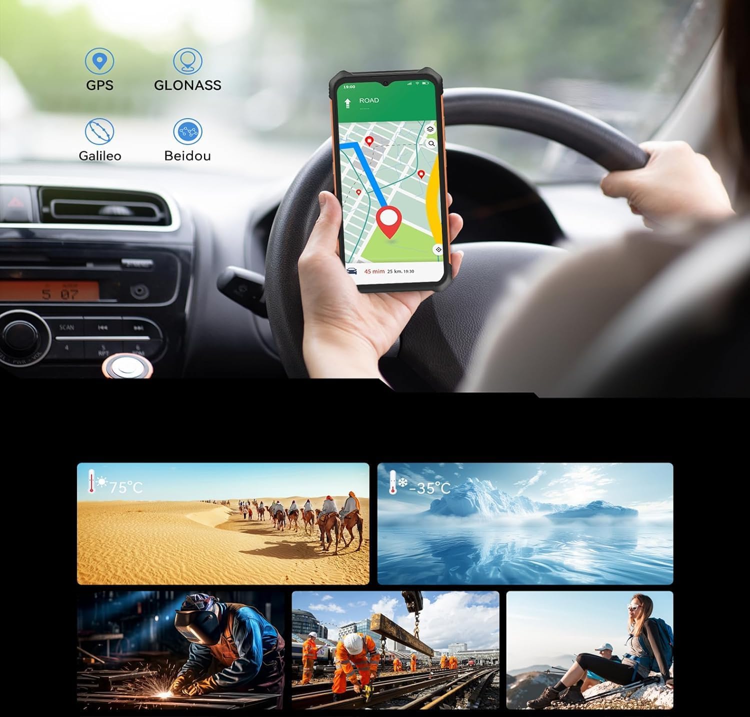 CUBOT KINGKONG ES displaying GPS navigation in a car