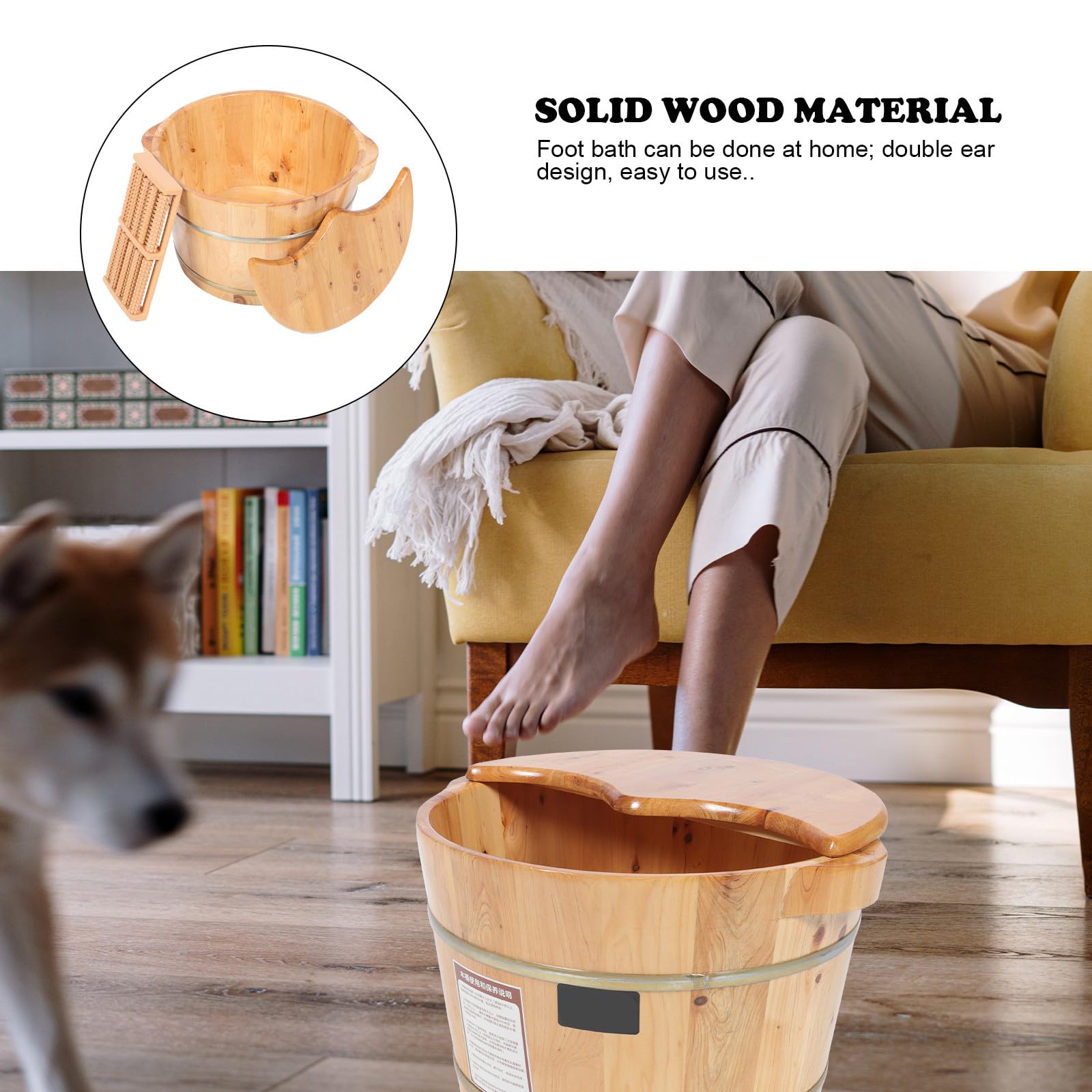 Cubo de Madera Grueso para Baño de Pies, Uso Doméstico, Color Caqui