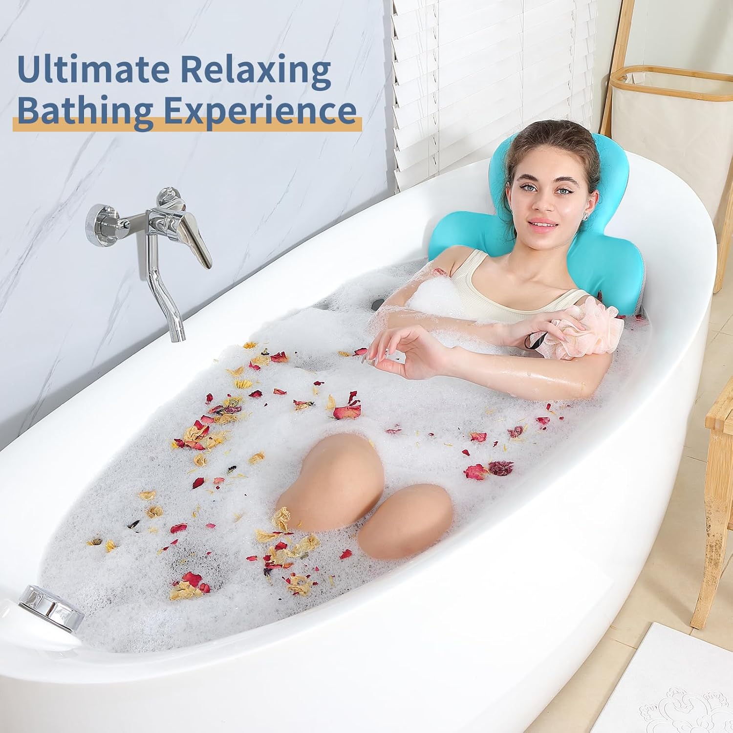 Luxury Bath Cushion, Full Body Bathtub Pillow with 160 Suction Cups, Bath Mat for Head and Neck Support, with Laundry Bag (Blue, 51" x 16") Blue 51" x 16"
