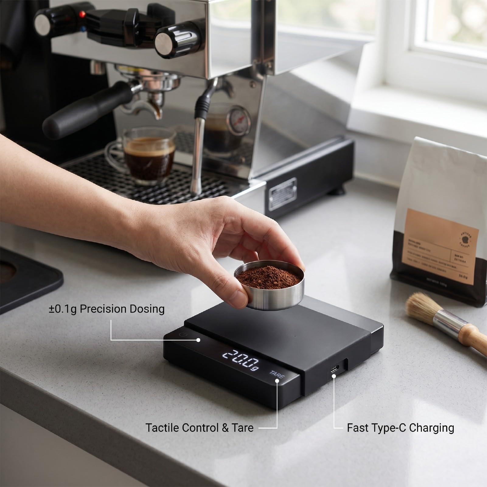 Zerodis Báscula de café, Báscula de Cocina Digital de Precisión de 0,1 G con Pantalla Clara 3 Modos de Preparación 700 MAh Peso de Cocina Recargable Antideslizante para Verter sobre el