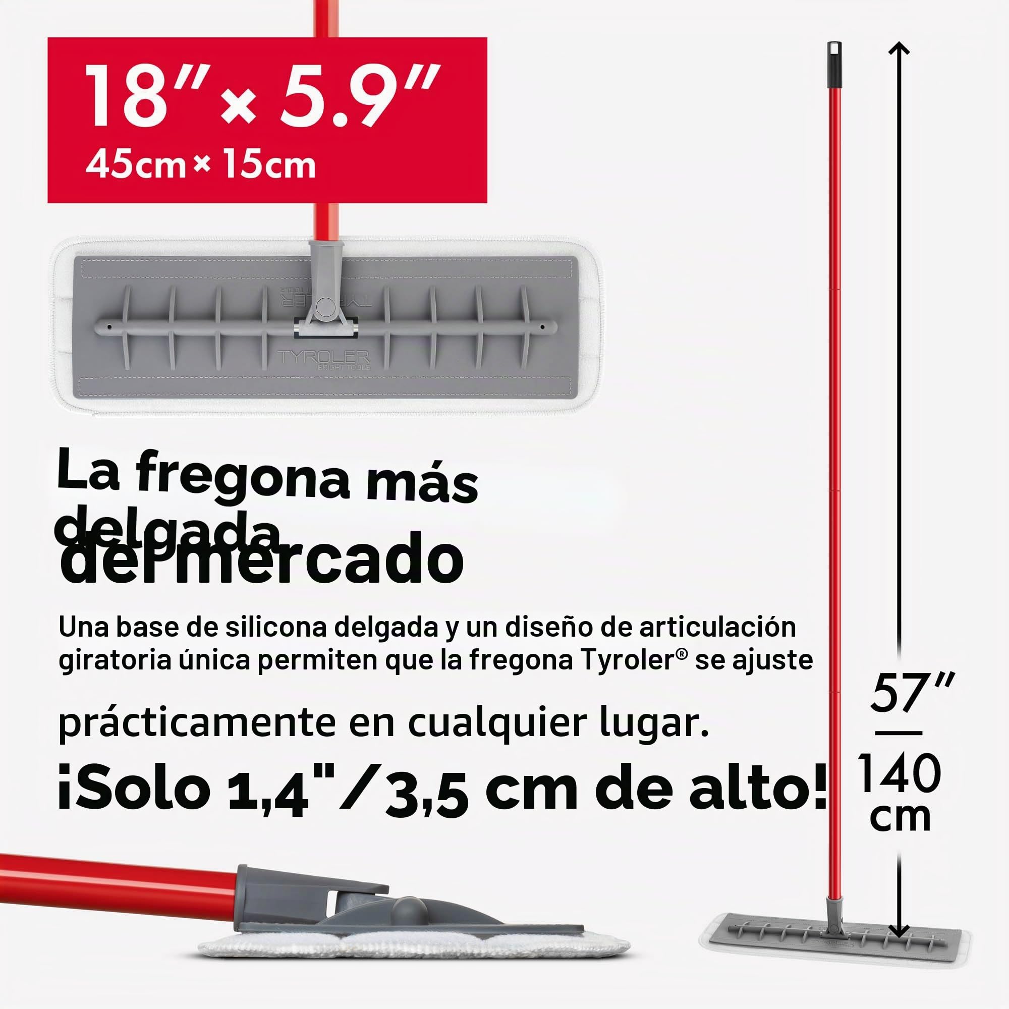 Tyroler Mop - Limpieza versátil para Suelos de parquet, Madera, laminados y baldosas, Cabeza de Silicona Flexible 100% Resistente a los arañazos | Incluye 2 paños de Microfibra adicionales