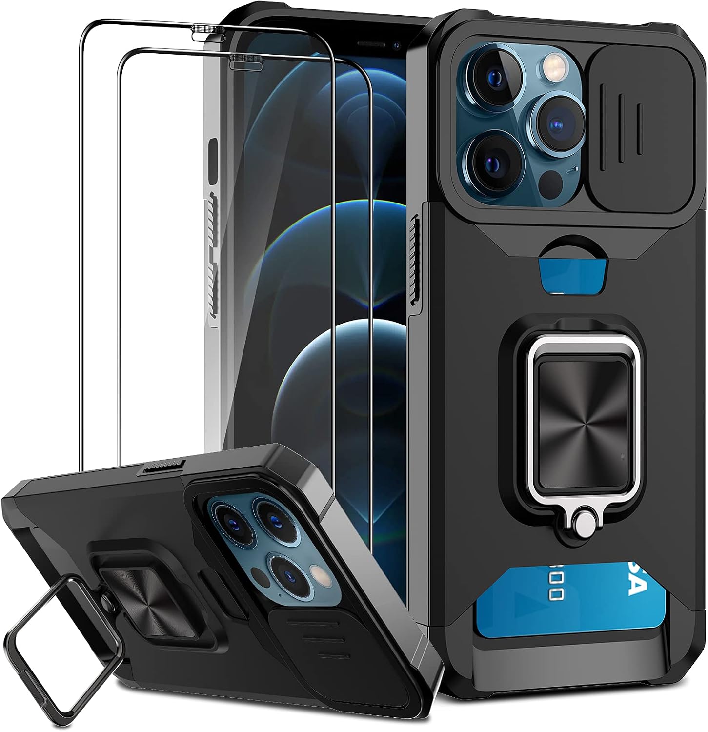 Jusy Wallet Case Compatible with iPhone 12 Pro Max & 2 Screen Protectors, with Sliding Camera Cover, Card Holder Slot and Magnetic Kickstand Ring, Heavy Duty Case Military Grade Cover (Black)