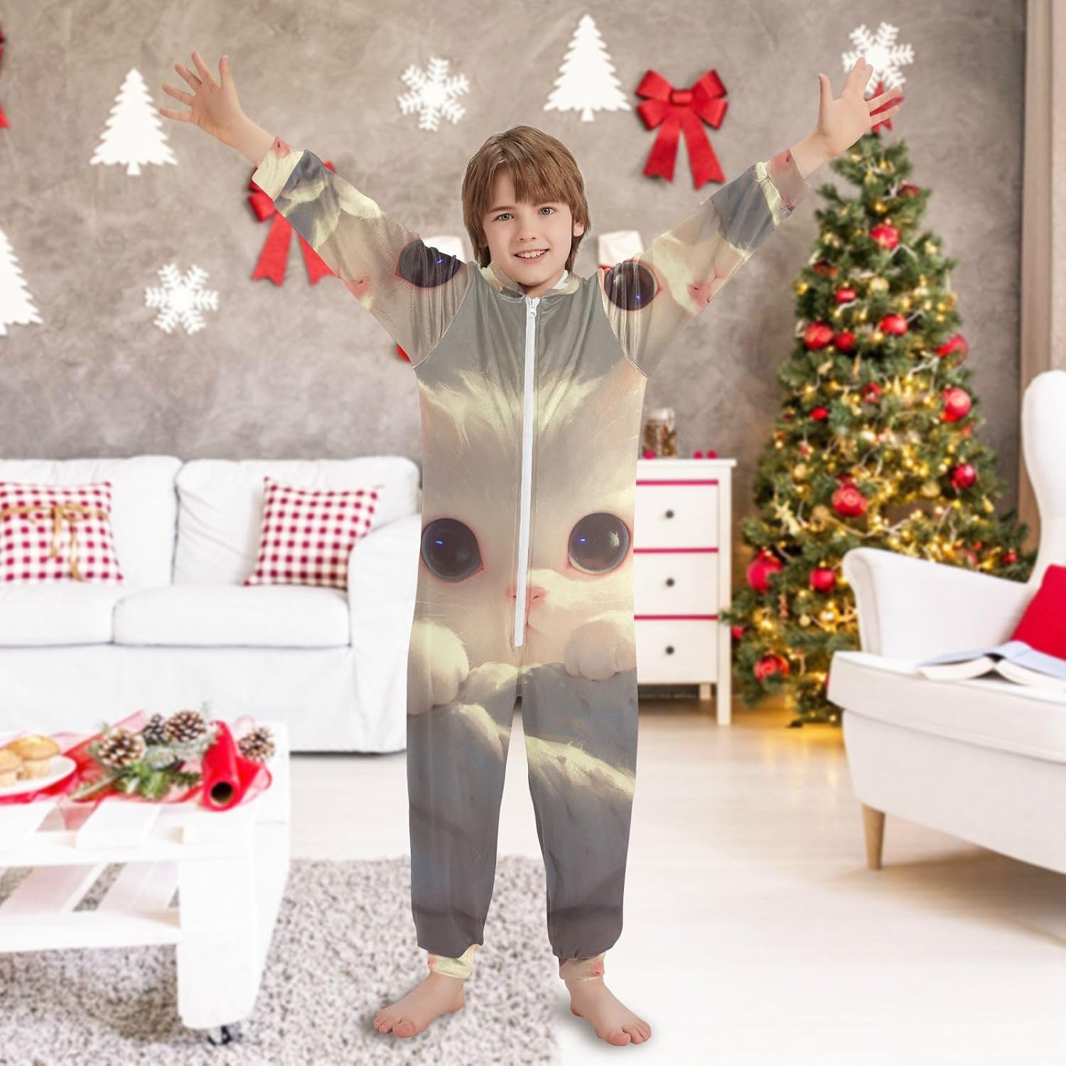 Cute White CatSleepwear Holiday PajamasSoft Casual Hooded One-Piecing Sleeper Loungewearfor Parties Sleepovers