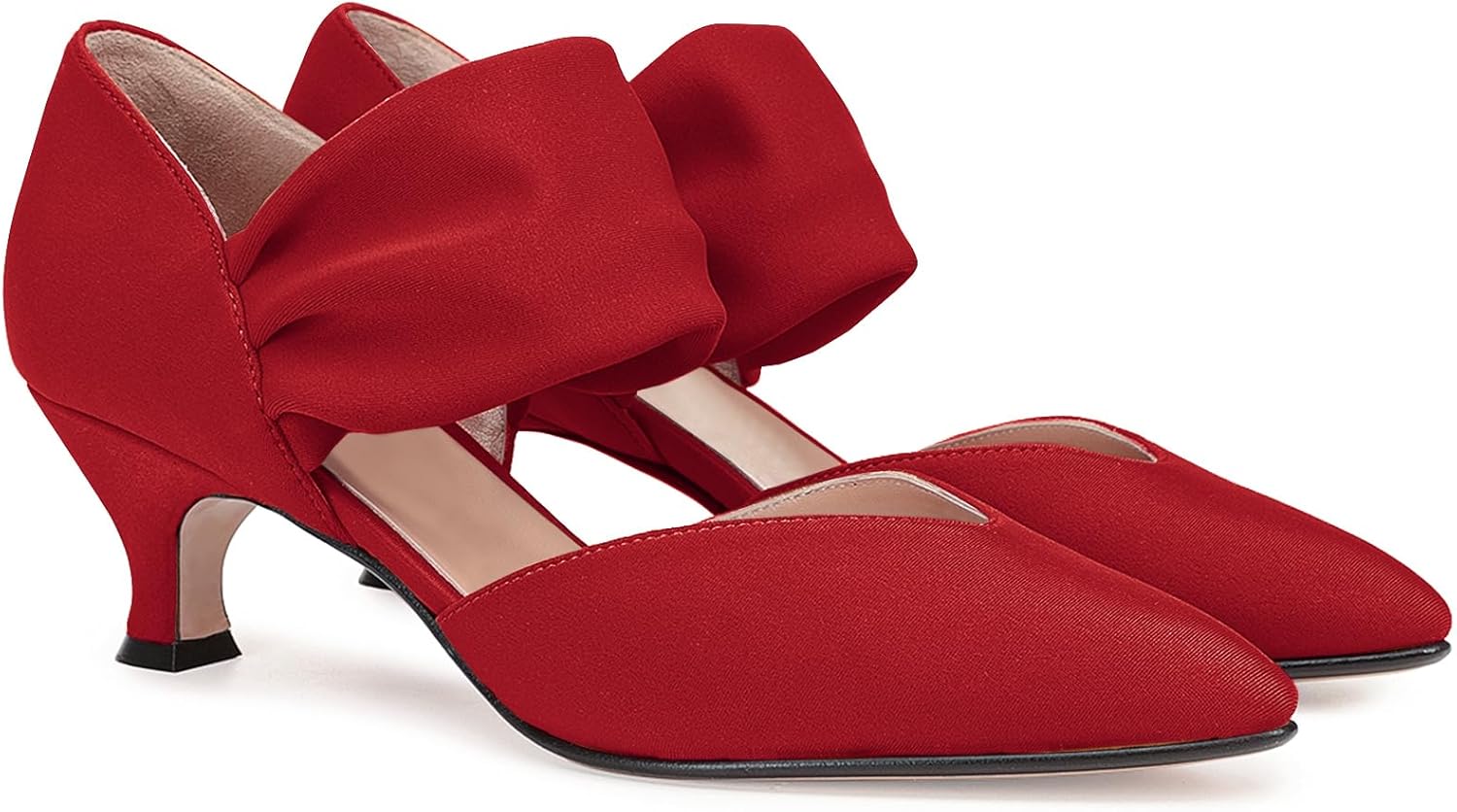 Coutgo Womens Low Kitten Heel Dress Shoes Pointed Toe Slip on Ankle Strap Cutout Elegant Party Wedding Pumps