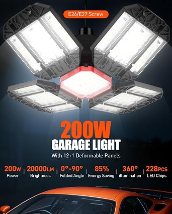 200W LED Garage Light 1 Pack - 20000LM 6500K Deformable Ceiling Lighting Fixture with 12 Adjustable Panels - E26/E27 Bay Light for Garage | Basement | Shop | Workshop | Barn | Warehouse Energy Save [Energy Class D]