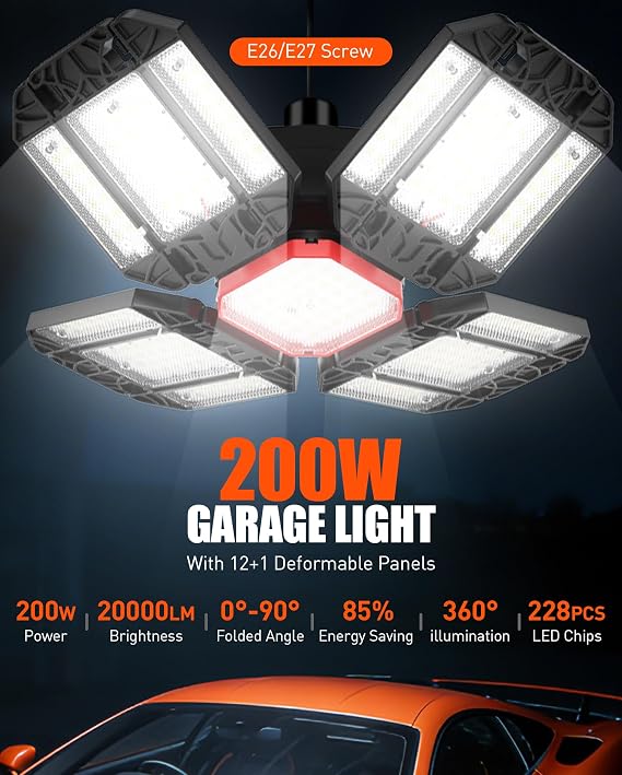 200W LED Garage Light 1 Pack - 20000LM 6500K Deformable Ceiling Lighting Fixture with 12 Adjustable Panels - E26/E27 Bay Light for Garage | Basement | Shop | Workshop | Barn | Warehouse Energy Save [Energy Class D]