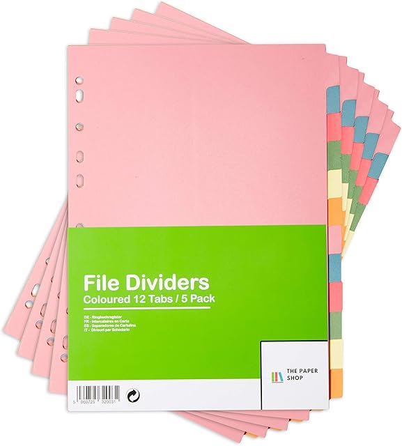 [5 Pack] A4 File Dividers 12 Part | A4 Subject Dividers 12 Part Card Folder Dividers Multi Hole Punched in Assorted Colours | Fit All A4 Portrait File Dividers (5)