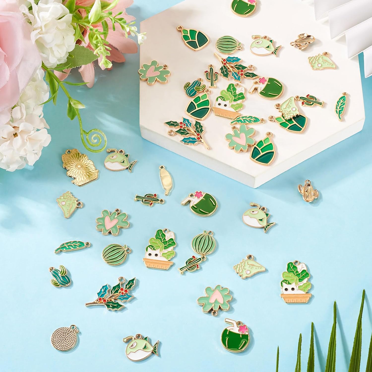 Craftdady 44pcs Green Pendants: Flower, Watermelon, Fish, Leaf, Cactus, Ice Cream, Potted Metal Dangle Charm Pendants for DIY Jewelry Making - Image 5