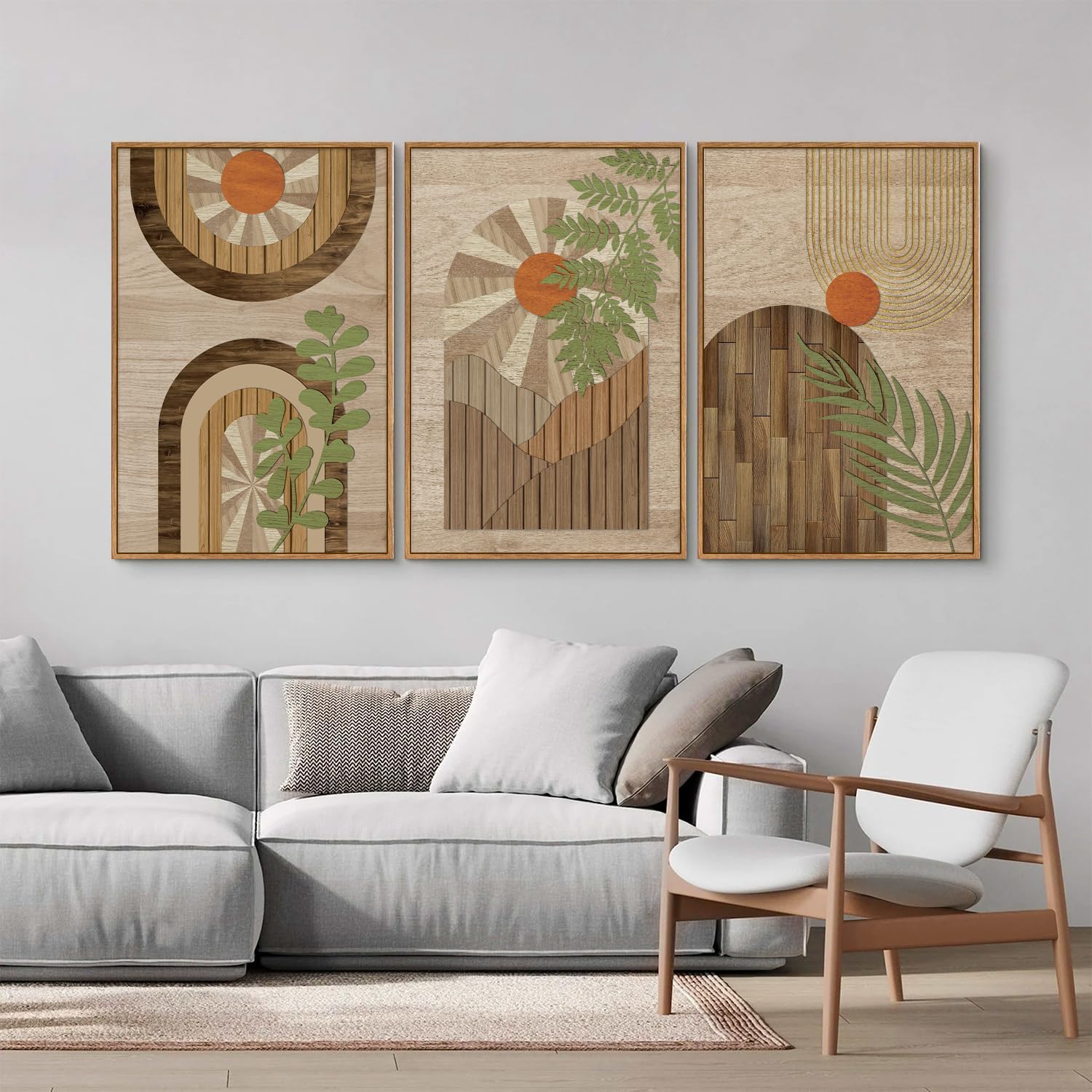 KYLESONLIE Mid Century Modern Framed Canvas Wall Art Set, Boho Wood Geometric Panel Wall Decor, Rustic Wooden Arch Art Painting, Pastel Sage Green Leaf Artwork for Living Room Bedroom Office 16"x24"x3