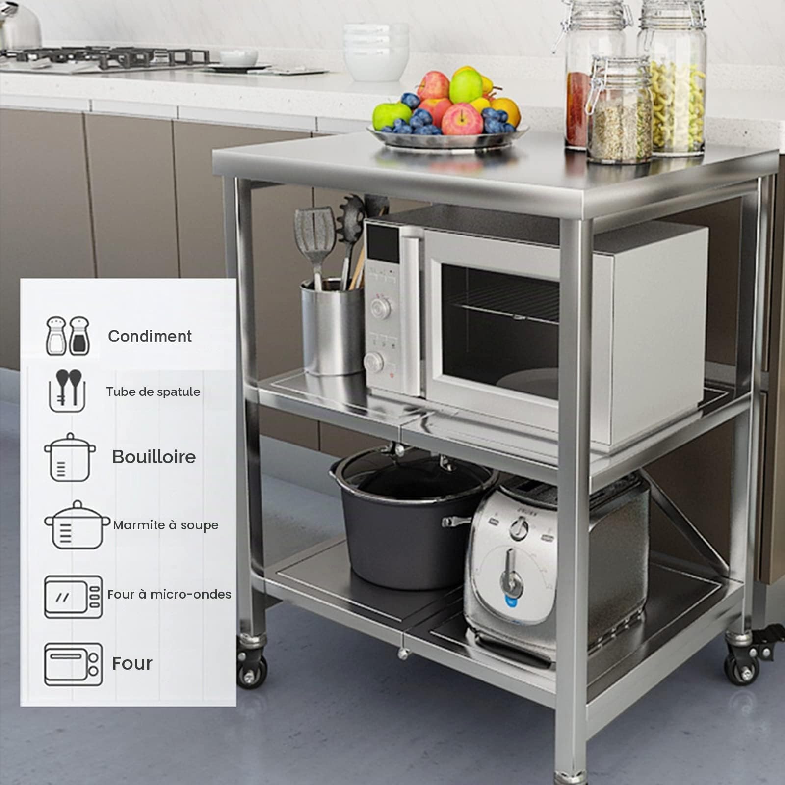 AMSXNOO Chariot de Service Cuisine 3 Plateaux Acier Inoxydable | À roulettes, Tables roulantes, Étagères de rangement, Pour salon et cuisine