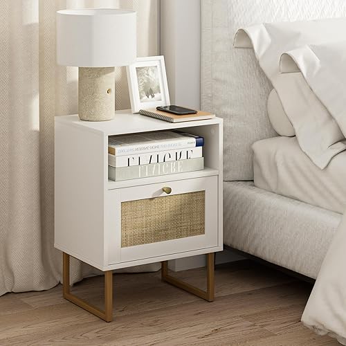 Miniatura 47 de Masupu Mesita de noche de ratán con estación de carga, moderna mesita de noche de madera bohemia con cajón de almacenamiento y estante abierto, mesa
