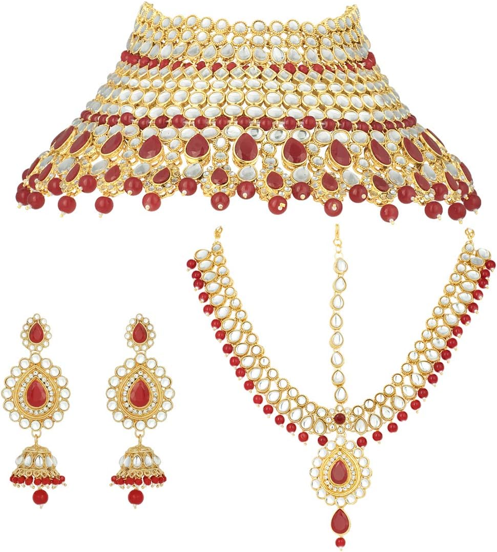 Aheli Ethnic Designer Indian Wedding Bridal Bharatanatyam jewellery set Faux Kundan Beaded Choker Necklace with Damini Headpiece Gift for Women