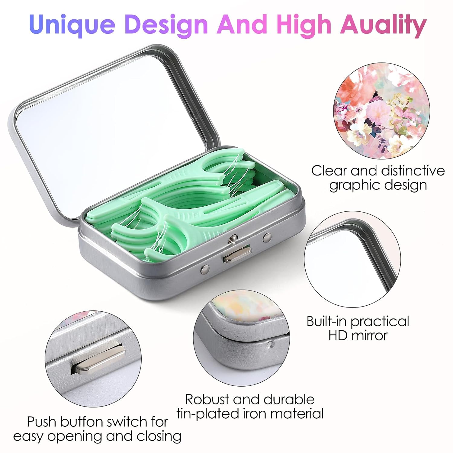Dental Floss Portable Case, Easy to Store Floss Picks of Various Sizes, Portable Dental Floss Dispenser is Perfect for Travelling, Hotels, Dinners, Appointments.Pink Flower image 3