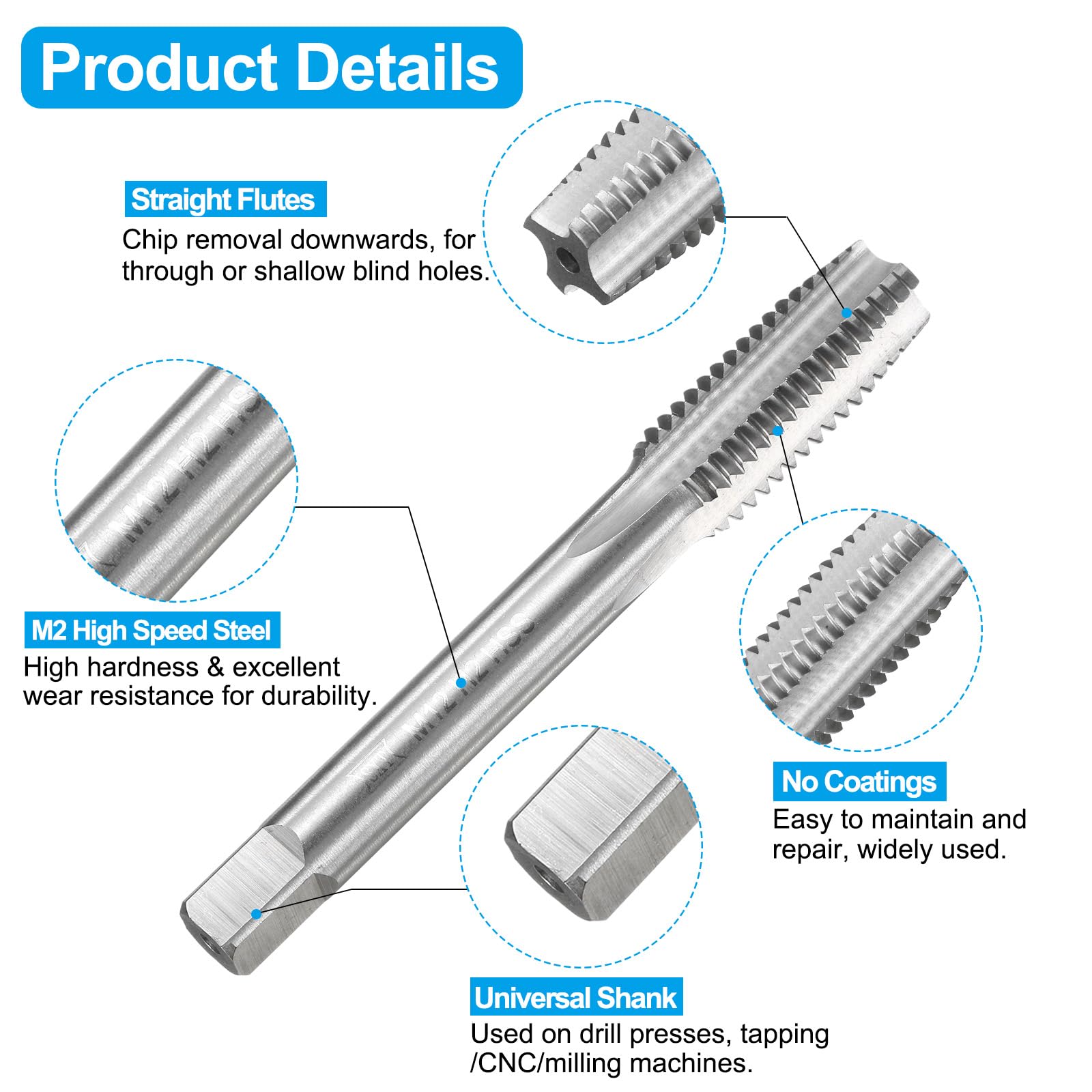 QUARKZMAN Set di Punte e Maschi per Filettare, 3pz M12 x 1.75 Metrici Maschi a Filettare a Flauto Dritto & 3pz Punte da Trapano a Spirale da 10.2mm, Non Rivestiti/Giallo Tostato HSS-6542/M35