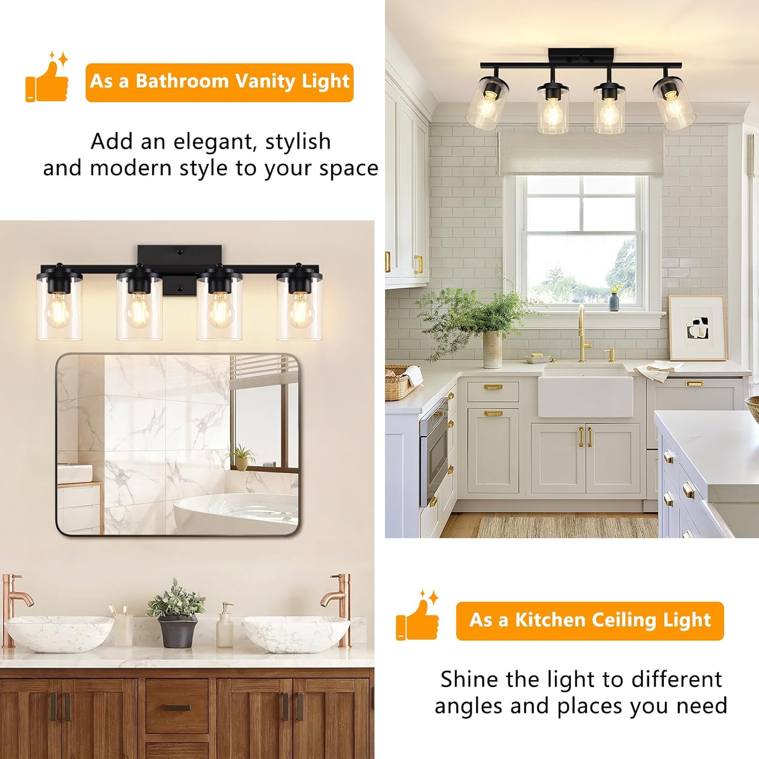 FadimiKoo 4-Lights Track Lighting Fixtures Ceiling with Clear Glass Shades, Modern Black Semi Flush Mount Ceiling Light, Rotatable Wall Mount Ceiling Lamp for Kitchen Hallway Bedroom