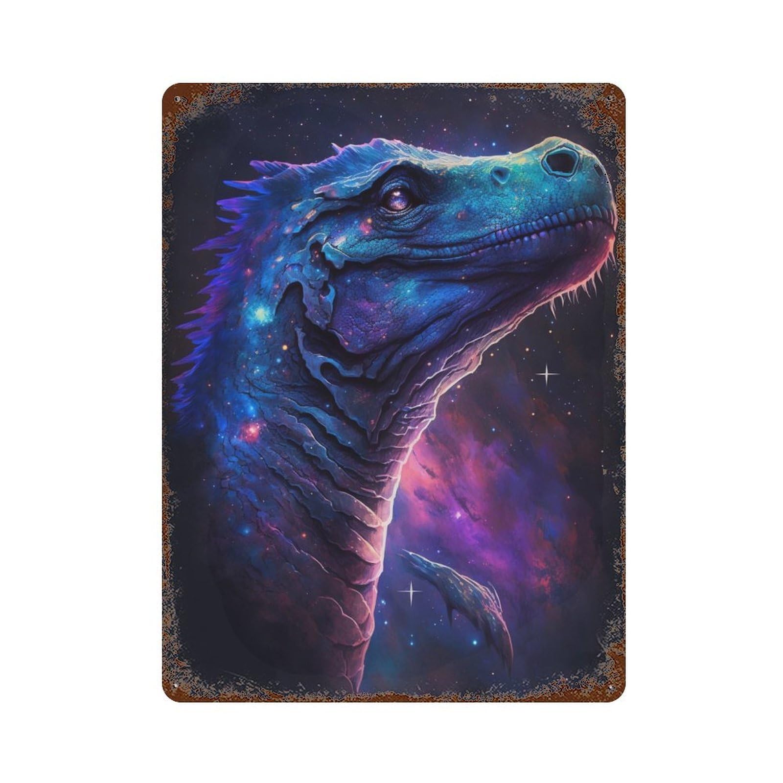 Weathered Tin Sign with Galactic Dinosaur Portrait Design 15.7"x11.8", for Office, Studio And Wall Decor, Retro Wall Decor