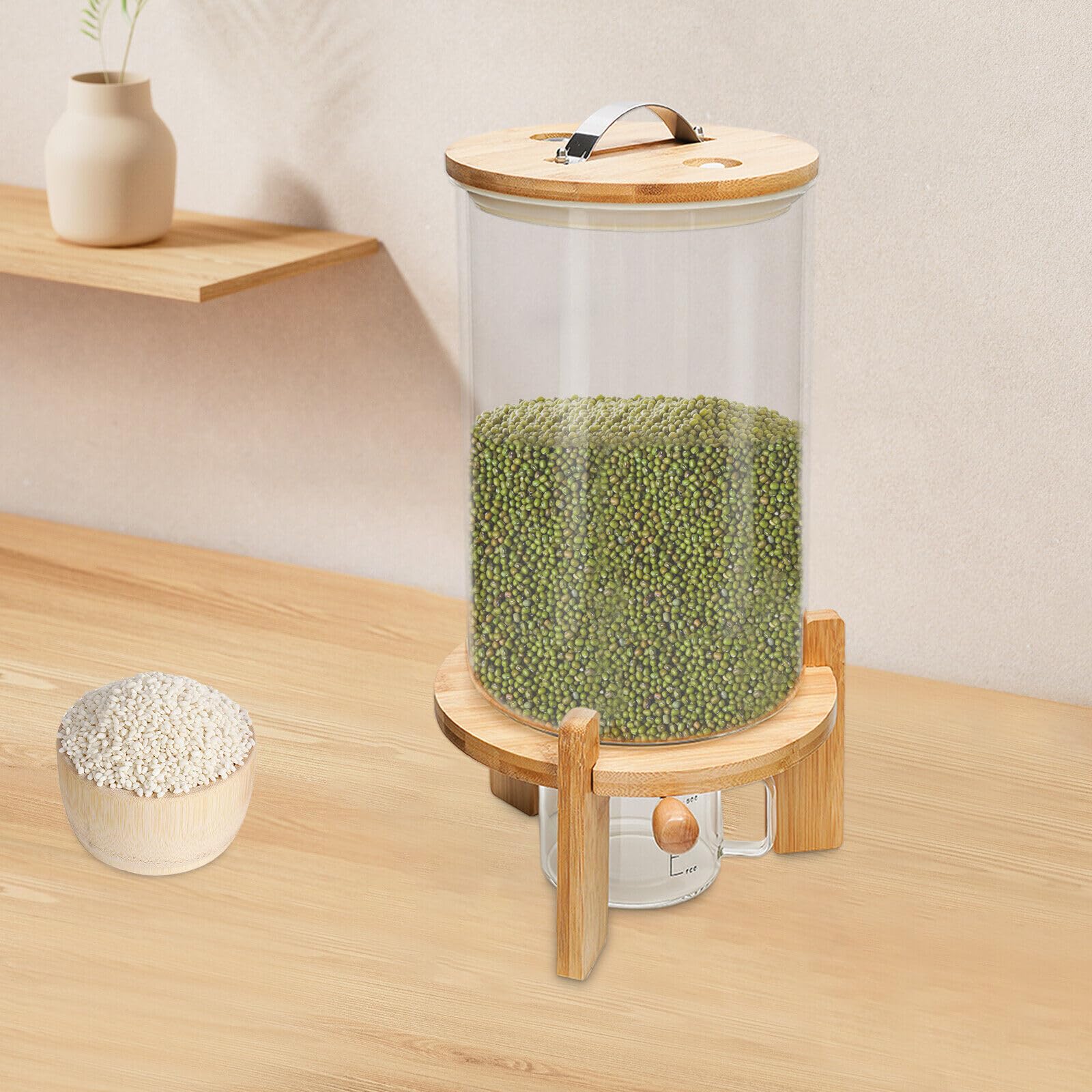 7.5L Tanque de almacenamiento de alimentos de vidrio de almacenamiento con tapa de madera,caja de almacenamiento de vidrio para divididos y cereales
