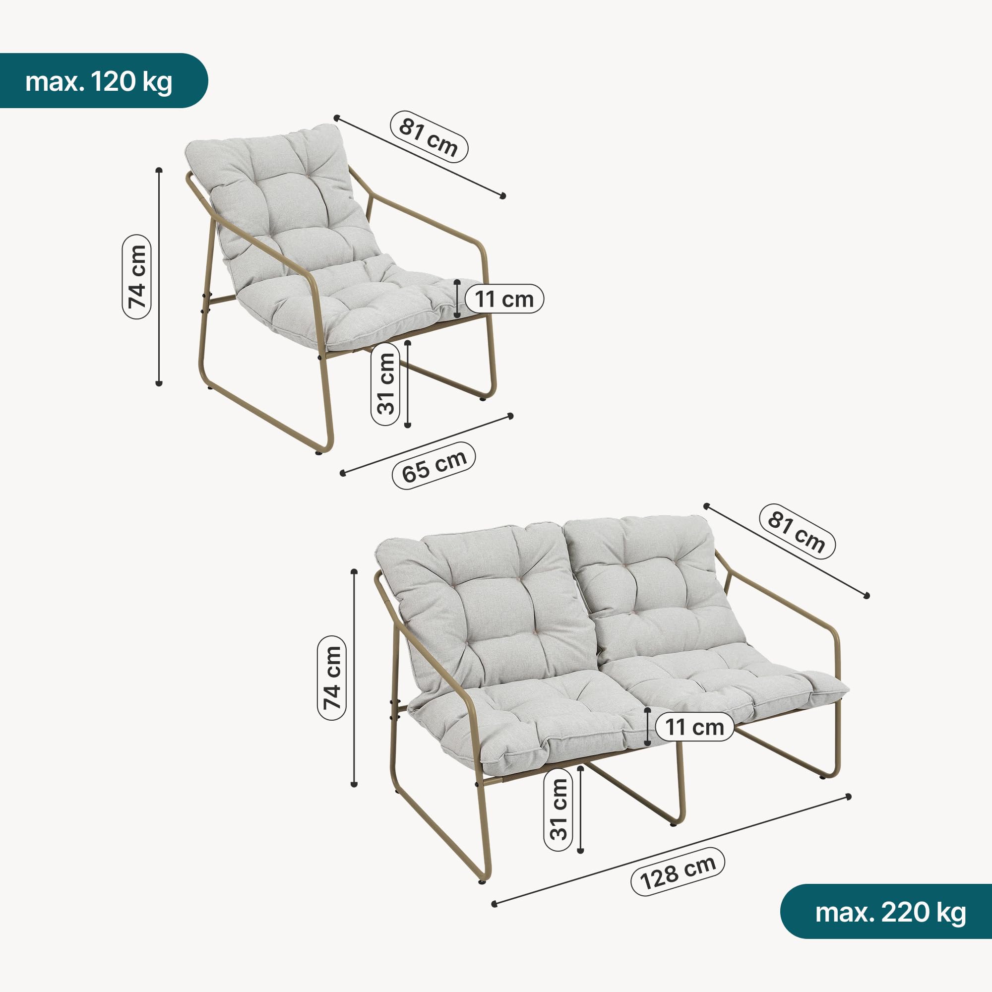[en.casa] Salon de Jardin 5 Pièces Kivanta 2 Tables Banc 2 Chaises Beige