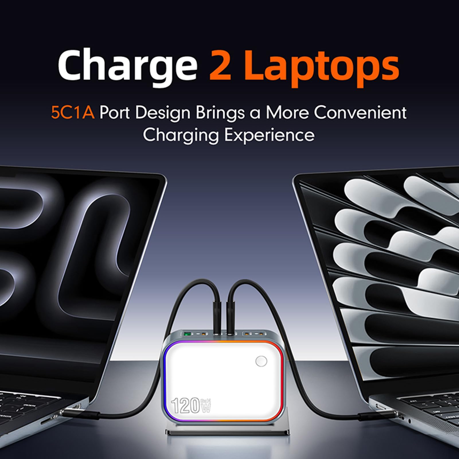 Stazione di Ricarica GaN a 6 Porte da 120 W, Hub Caricabatterie Rapido USB C Multifunzione con Caricatore da Viaggio per Smartphone, Laptop, Tablet (Spina europea)