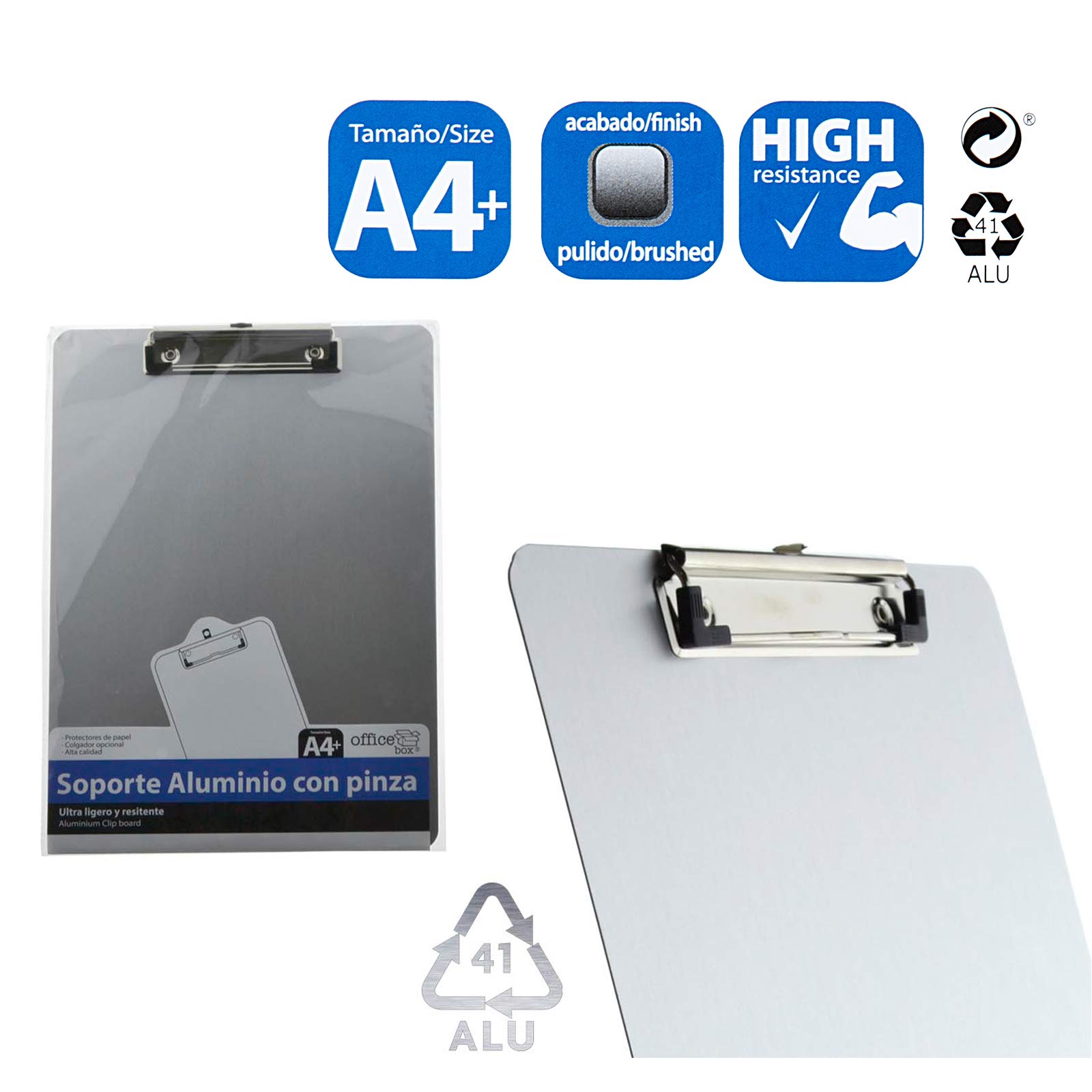 Pack 3 Soportes de Aluminio A4 de Gran Rigidez con Pinza Portapapeles en Aluminio Sólido con protectores de papel y colgador retráctil.
