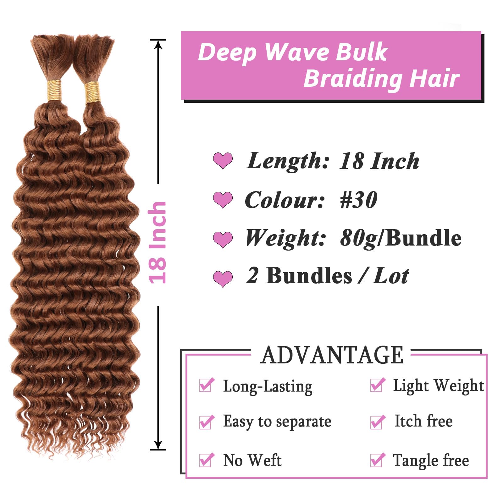 Samtress 18 Inch Deep Wave Bulk Braiding Hair Synthetic Brown Curly Hair Extensions 2 Bundles No Weft 160g Wet and Wavy for Boho Braids Hair (#Brown) - Image 2