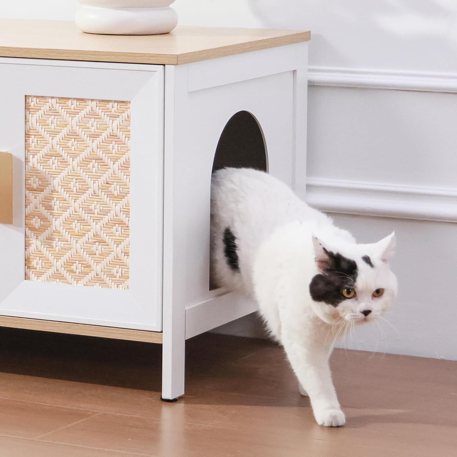 Large Boho Cat Litter Box Enclosure for 2 Cats, Hidden Cat Washroom Furniture with Rattan Doors, Dual Compartment Litter Cabinet & TV Stand, Modern Wooden Cat House (47.2”L x 19.6”W x 19.8”H)