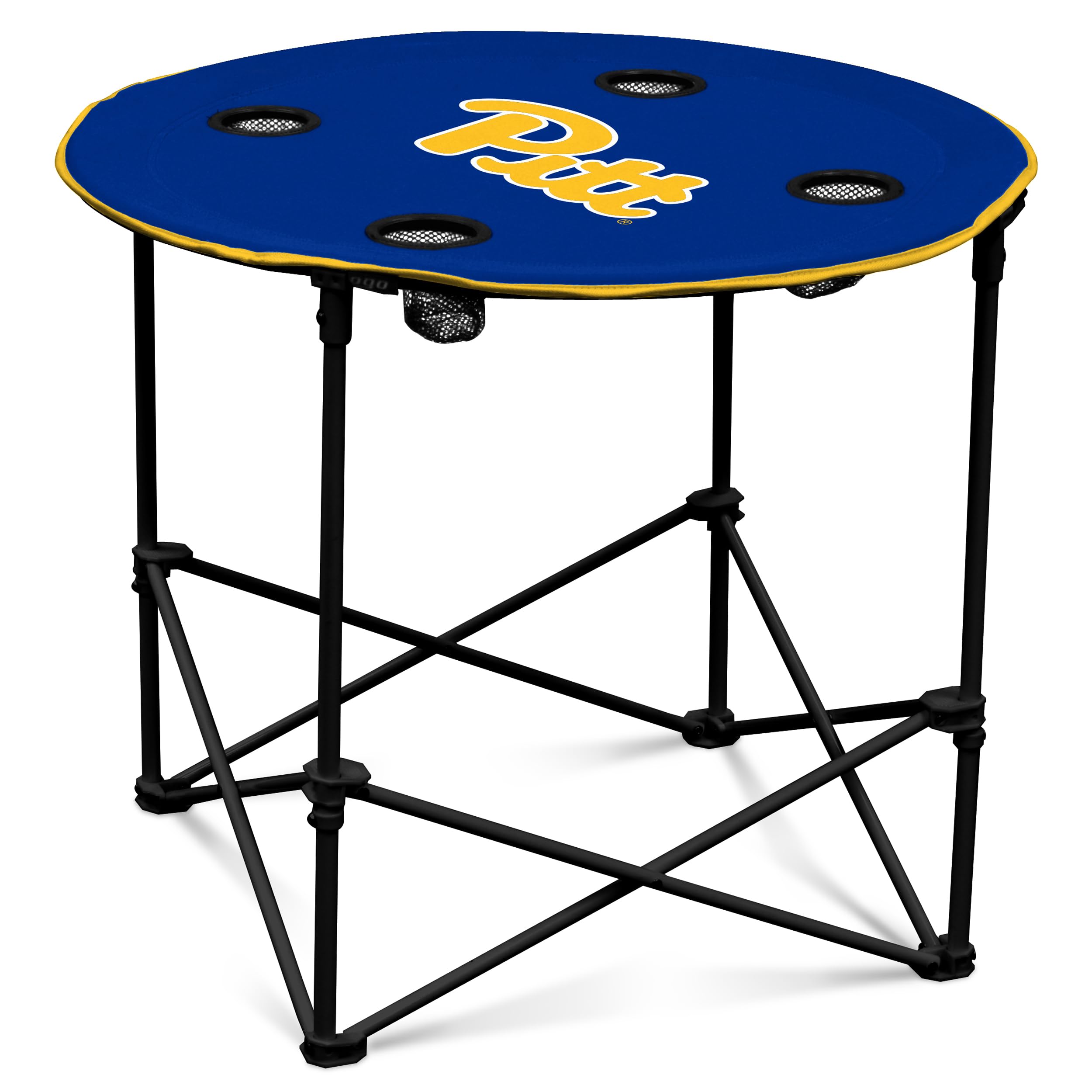 Logo Brands NCAA Pittsburgh Panthers Round Tailgating Table – Portable with Foldable Legs, 4 Cup Holders, Powder-Coated Steel, and 27.6" Surface Diameter, Team Color