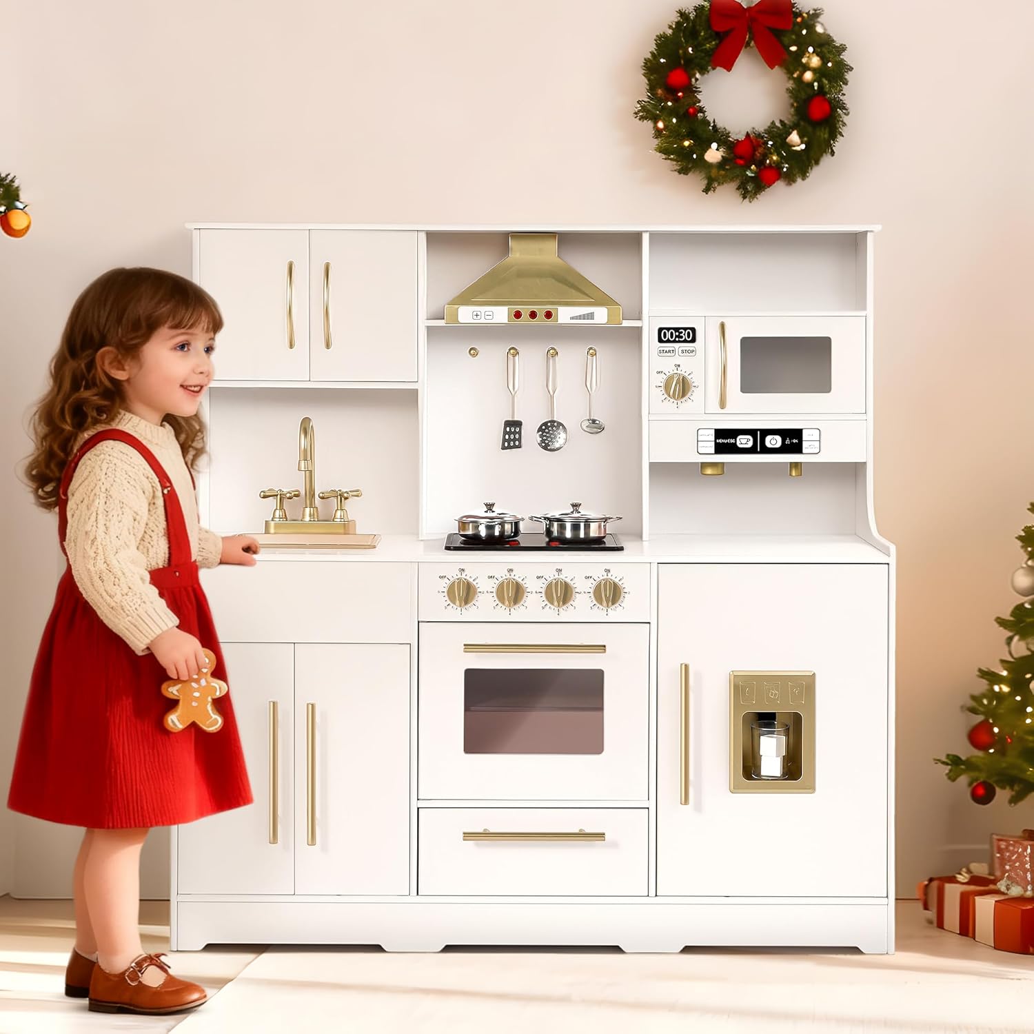 Kinder King Wooden Kids Play Kitchen, Toy Kitchen Playset for Toddler, Play Kitchen Set w/Real Sounds, Pretend Coffee Machine, Kitchen Hood, Sink, Ice Maker, Gift for Boys Girls Age 3+, White