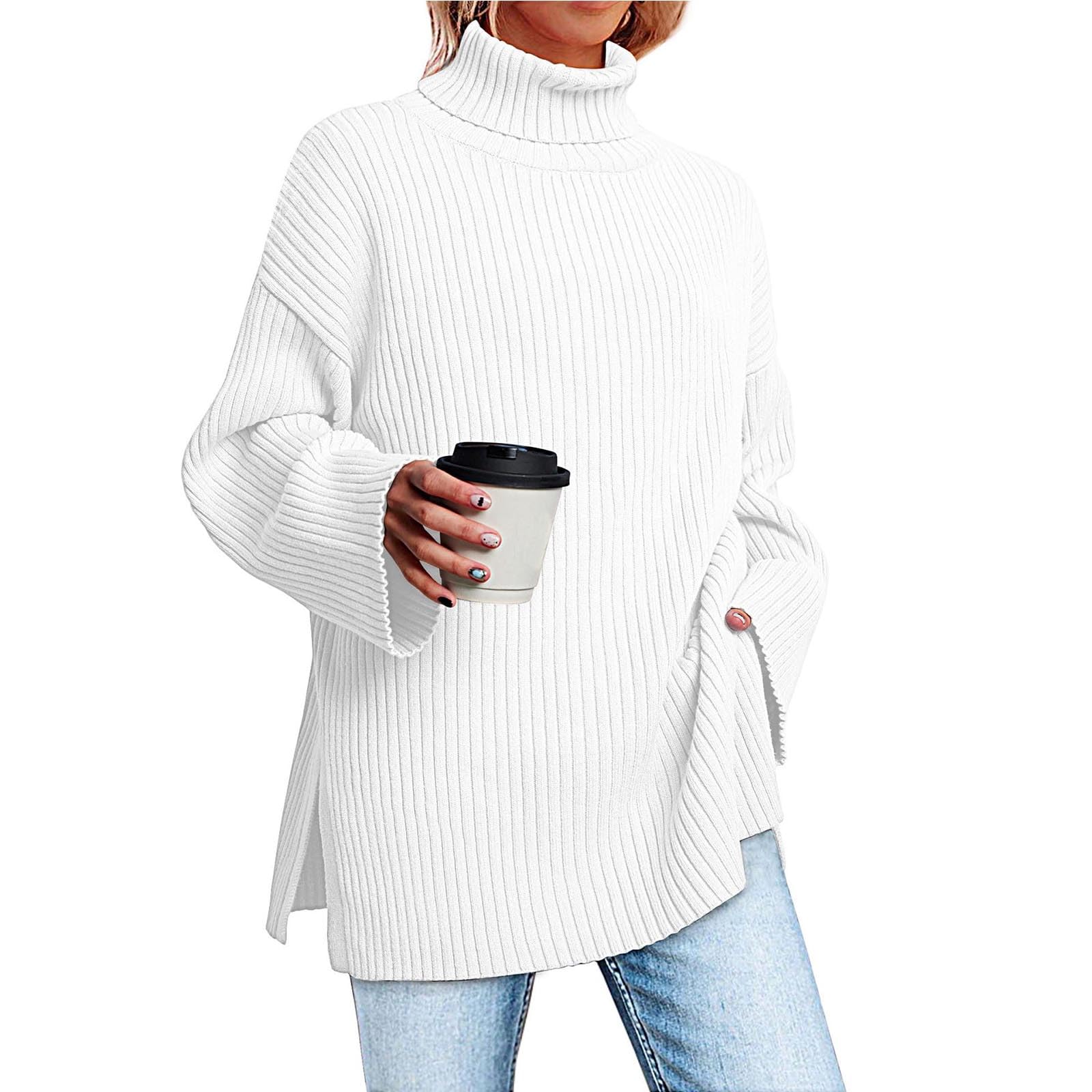 Greabuy Maglione a collo alto oversize alla moda da donna maglione a costine felpa per donna maglione casual camicie da donna maglioni da donna felpe leggere in maglia, bianco, M