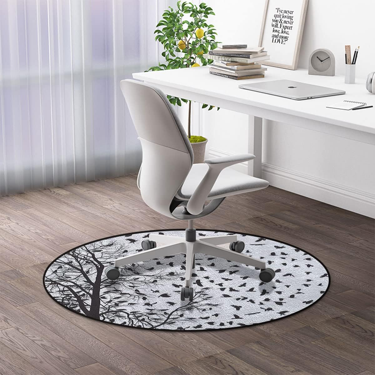 Black White Grey Anti-Slip Floor Protection Mat Multi-Purpose Chair Carpet for Desk Bird Decoration Lover Fall Themed Chair Mat Office Protector for Hardwood Floors Branches Decor Diameter 39 in