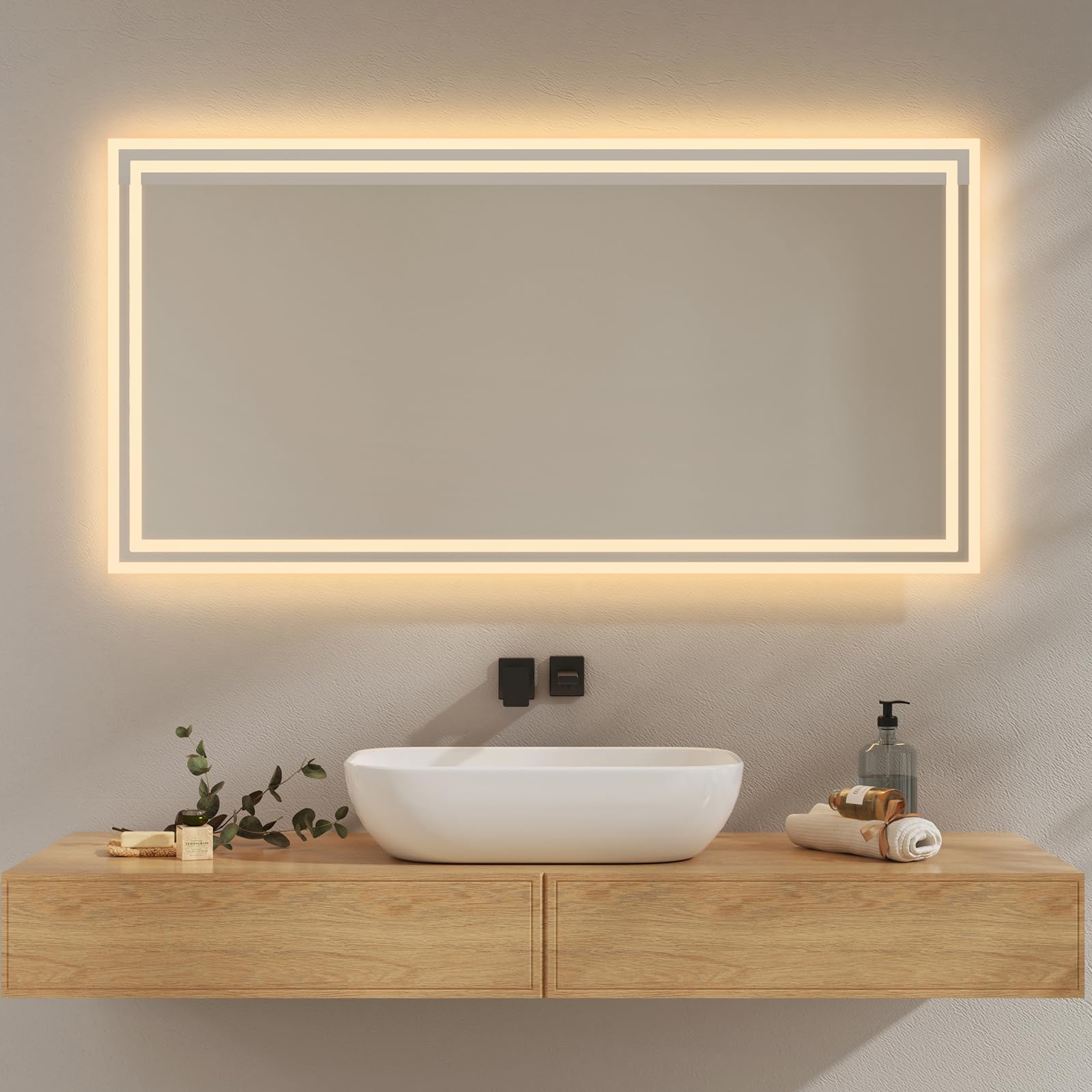 EMKE Espejo de baño con iluminación, 60 x 120 cm, antiniebla, 2 temperaturas de Color (Blanco cálido/Blanco frío), Interruptor basculante, Horizontal/Vertical, Espejo LED,IP44