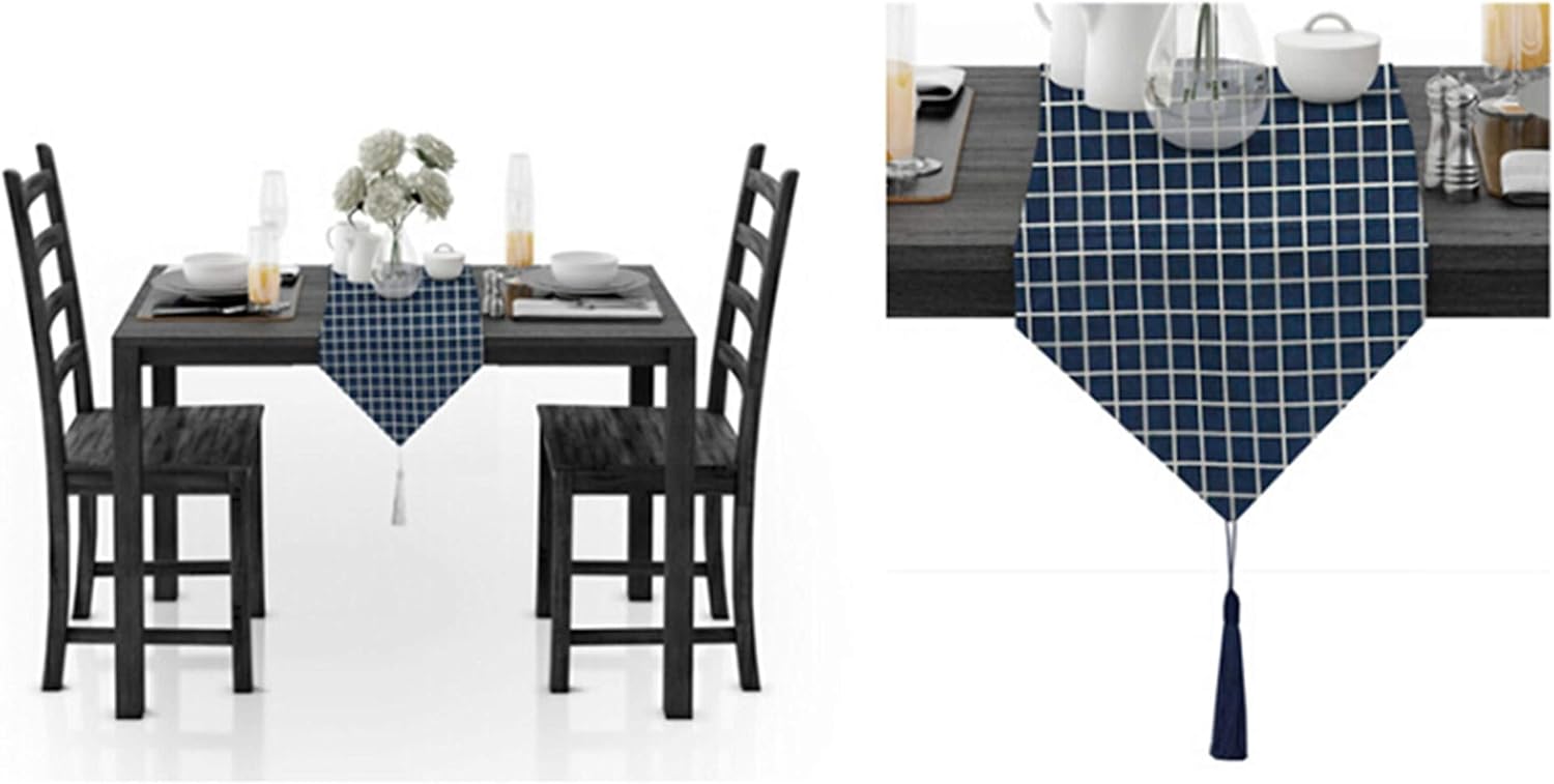 Wedding Table Runners,30x320CM,Lattice Pattern with Tassel Autumn Table Runner Rectangle Cotton,Table Runner Small Rectangle Table Dark Blue