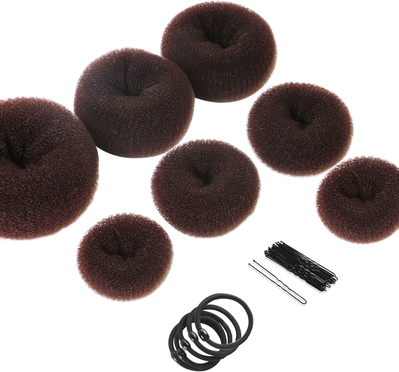Teenitor Donut Hair Bun Maker Set - 7 Rings (1 Extra-Large, 2 Large, 2 Medium, 2 Small), 5 Elastic Bands, 20 Hair Pins, Dark Brown