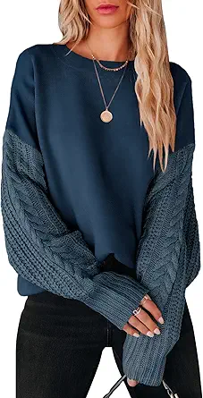 ANRABESS Women's 2023 Fall Sweaters Long Sleeve Crewneck Cable Knit Pullover Oversized Casual Chunky Tops