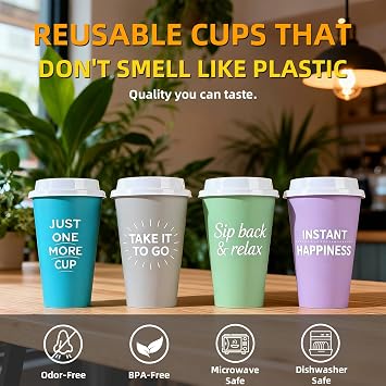 Plastic Reusable Coffee Cups with Lids, 4 Pack