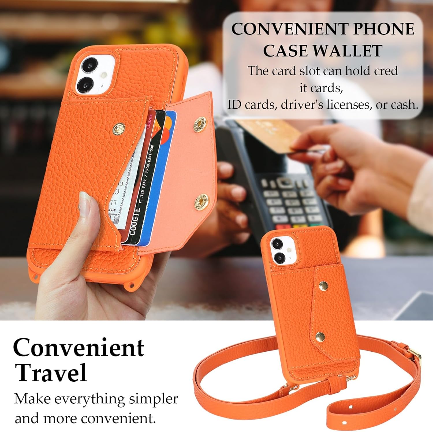 Jaorty Genuine Leather Wallet Case for iPhone 11, Necklace Lanyard Case Cover with Card Holder & Cash Pocket for Women Girls,Magnetic Snap,Anti-Lost Shoulber Strap 6.1 inch,Orange