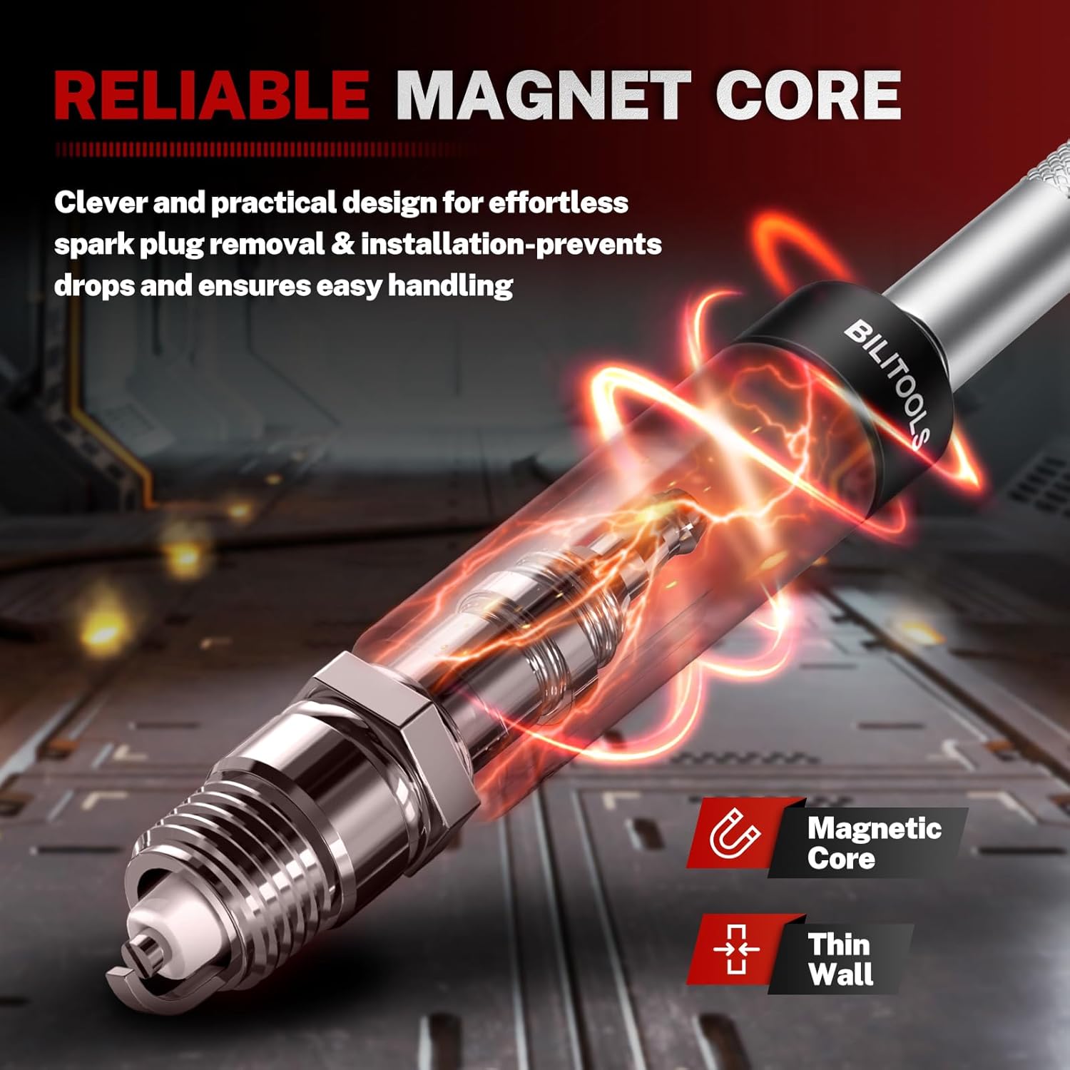 BILITOOLS 7 Piece Magnetic Swivel Spark Plug Socket Set with Gap Tool, 3/8-Inch Drive, 9/16'', 5/8'', 14mm, 16mm, 6 & 12 Point, CR-V