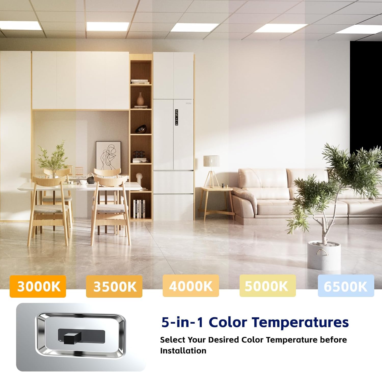 4 Pack 2x2 LED Flat Panel Light Drop Ceiling Office Fixture, 20-40W Selectable, 5000K 5CCT Switchable, 0-10V Dimmable, 24x24 Inch LED Flush Mount Ceiling Light, ETL Listed